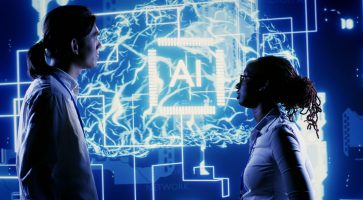 Dilligent BIPOC workers looking at hologram of artificial intelligence human brain simulation. Knowledgeable professionals interacting with AR AI visualization showing machine learning algorithms